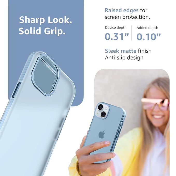 Amazon Basics Premium Frosted Case | Sleek Translucent Matte Anti-Slip, Drop and Camera Protection |Back Case Cover for iPhone 15 6.1"- Translucent Sierra Blue