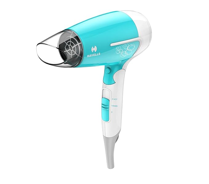 Havells 1200W Foldable Hair Dryer; 3 Heat Settings with Cool Shot (Hot/Cool/ Warm), Heat Balance Technology | Cool Turquoise | Your perfect Blow dry companion for Effortless Hair Styling | HD3151