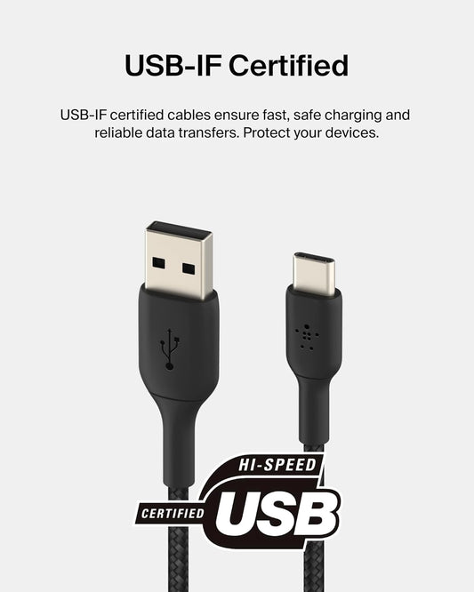 Belkin USB-A to USB-C Braided 3.3 Feet (1 Meter) Fast charging Type C Cable, for iPhone 15 Series and other USB-C Devices, Tough and Durable, 15W PD, USB-IF Certified - Black