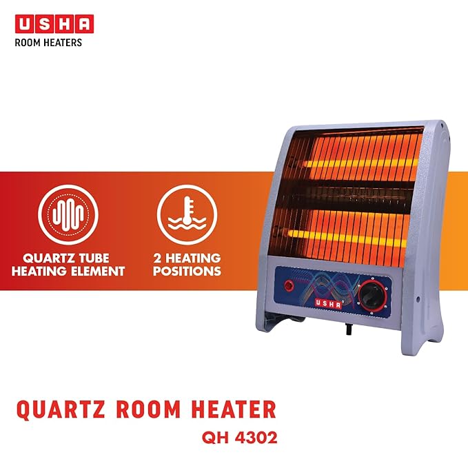 Usha 2 Rod 800 Watt Quartz Heater with Low Power Consumption and Tip Over Protection (4302, Grey)