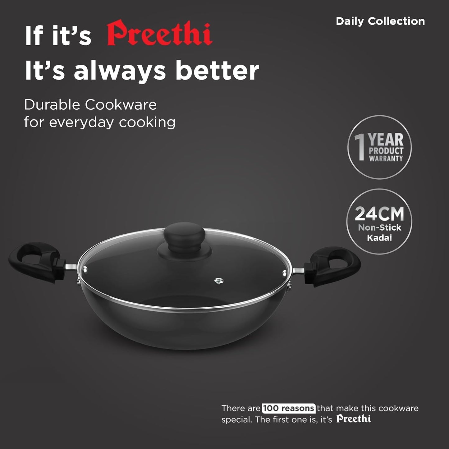 Preethi Daily Collection Non Stick Kadai 24 cm, with Glass Lid, 5 Star Non Stick Effect, Grey