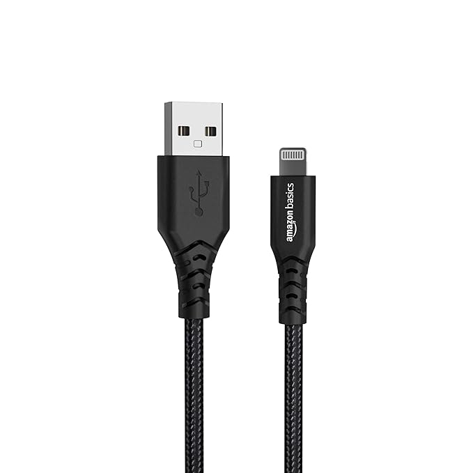 amazon basics Usb A To Lightning Pvc Molded Nylon Mfi Certified Charging Cable For Tablet, Personal Computer, Smartphone (Black, 1.8 Mtr)