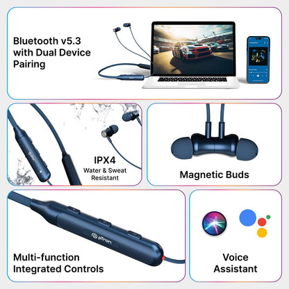 pTron Tangent Evolve w/ 50Hrs Playtime,HD Mic,Pristine Sound,14mm Drivers,Bluetooth V5.3 w/Dual-Device Pairing Wireless Neckband,Magnetic Buds,Voice Assistant,Type-C Charging & IPX4 (Blue) |in_Ear