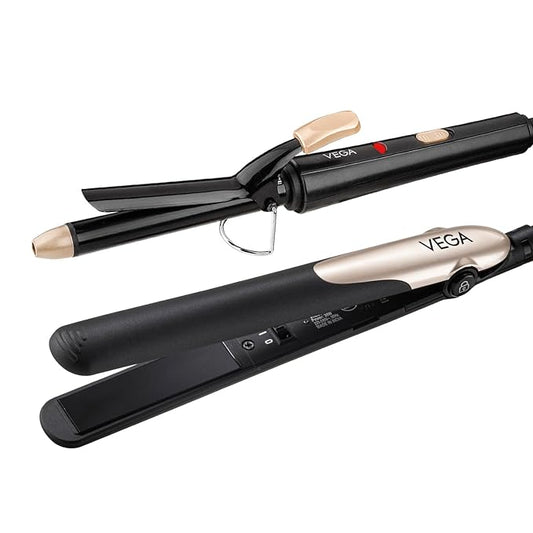 Vega Miss Dazzle Styling Set for Women, Hair Straightener with Ceramic Coated Plates & Curler Combo 19 MM Barrel Hair, Easy Lock System, Safety Stand, (VHSS-02)