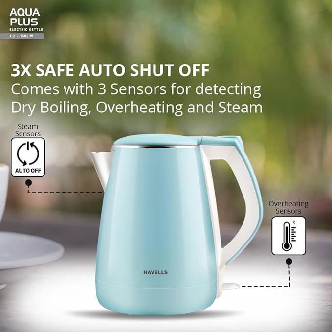 Havells Electric Kettle Aqua Plus 1250 Watts 1.2 liters , Double Layered Cool Touch Outer Body | 304 Rust Resistant SS Inner Body with Auto Shut Off | Wider Mouth | 2 Yr Manufacturer Warranty (Blue)