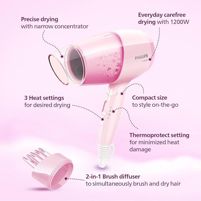 Philips Hair Dryer Bhc017/00 Thermoprotect 1200 Watts with Air Concentrator + Diffuser Attachment - Pink
