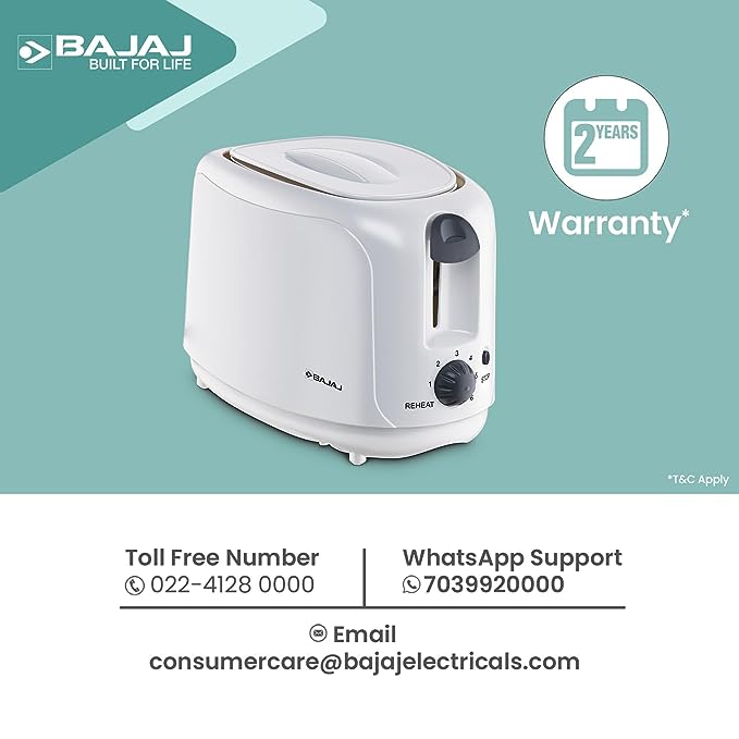 Bajaj ATX 4 750-Watt 2-Slice Pop-up Toaster | Dust Cover & Slide Out Crumb Tray | 6-Level Browning Controls | Mid-Cycle Cancel Feature | 2-Yr Warranty by Bajaj | White Electric Toaster