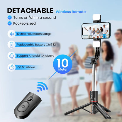 Portronics Lumistick Smart Selfie Stick with 360 Degree Rotation, Bluetooth v5.3, 1160mm Extension Rod, 3 Light Modes for iPhone/Mi/OnePlus/Samsung/Oppo/Vivo and All Phones(Black)