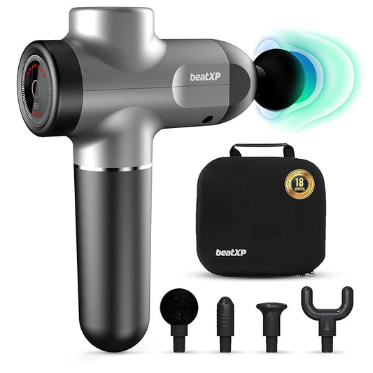 beatXP Flash Massage Gun, Body Massager | Touch Button - Percussion Gun Back Massager for Women & Men with Brushless Motor, Case (4000 mAH Battery) & up to 18 Months Warranty (Metallic Silver)