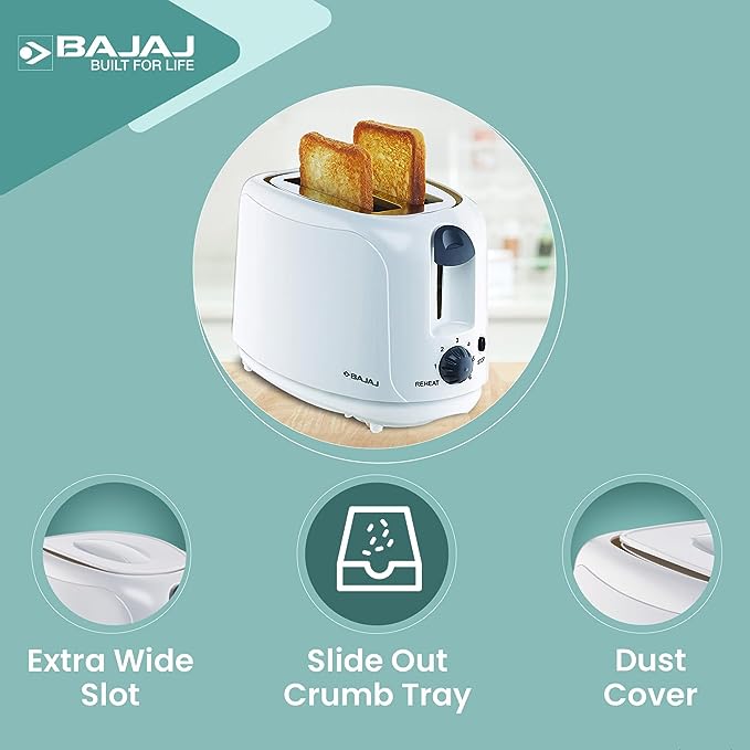 Bajaj ATX 4 750-Watt 2-Slice Pop-up Toaster | Dust Cover & Slide Out Crumb Tray | 6-Level Browning Controls | Mid-Cycle Cancel Feature | 2-Yr Warranty by Bajaj | White Electric Toaster