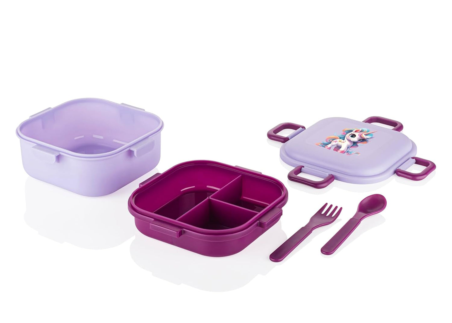ATTRO Quick Bite Unicorn Magic Lunch Box Box with 3 Compartment Fork & Spoon BPA Free Food Grade Ideal for Kids School, Picnic & Outdoor- 800ml Lavender, Plastic