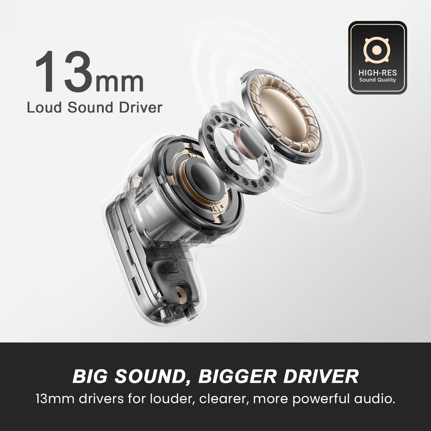HAMMER Aura 32dB ANC, 4-Mic ENC Wireless Earbuds for Calling,50H Battery, Transparency & ANC Modes, 13mm Titanium Driver, BT v6, 35ms Low Latency Gaming Mode, Semi-Transparent Chrome, IPX4 (Beige)