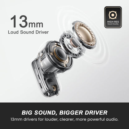 HAMMER Aura 32dB ANC, 4-Mic ENC Wireless Earbuds for Calling,50H Battery, Transparency & ANC Modes, 13mm Titanium Driver, BT v6, 35ms Low Latency Gaming Mode, Semi-Transparent Chrome, IPX4 (Beige)