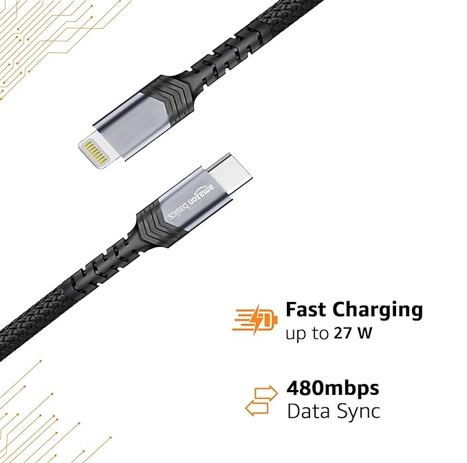 amazon basics Type C To Lightning 27W Fast Charging Nylon Braided Usb C Cable For Iphone 14,14 Pro,14 Pro Max,14 Plus,13,13 Pro,13 Pro Max,13 Mini,12,12 Pro,11,11 Pro Max,X,8 (1.2 Meter),Black