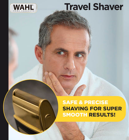 Wahl Travel Shaver USB, 0.4 mm cutting length, 45 minutes run time, Perfect travel companion with USB charging facility, Extra Cutting blade and foil to move along the contours, Black & Gold - 3025441IN