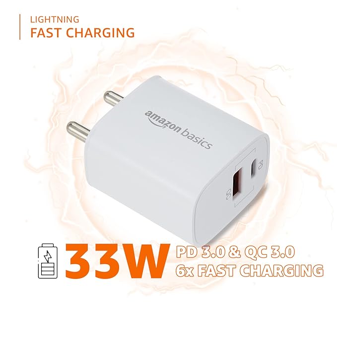 AmazonBasics Amazon Basics 33W +30W Dual Port Wall Charger Adapter|Type C and A Fast Charging Adapter, White|for Redmi Note 7/7Pro,8,9/9Pro/10/10S/11S/11 Prime/12C, Narzo N55, Oppo A78 & Other Phones