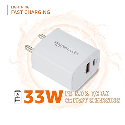 AmazonBasics Amazon Basics 33W +30W Dual Port Wall Charger Adapter|Type C and A Fast Charging Adapter, White|for Redmi Note 7/7Pro,8,9/9Pro/10/10S/11S/11 Prime/12C, Narzo N55, Oppo A78 & Other Phones