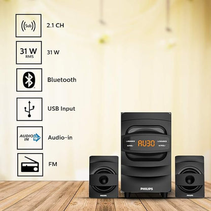 Philips Audio MMS2625B 32W 2.1 Channel Wireless Bluetooth, Wired Multimedia Computer Speaker - Black