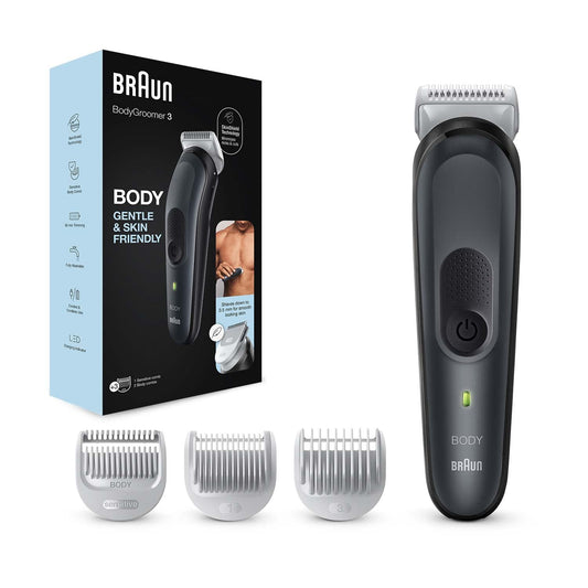 Braun Body Groomer 3 for Men, BG3340, Body Hair Trimmer with SkinShield Technology, Lifetime Sharp Metal Blade, Braun Body Trimmer for Men, Sensitive Comb, Gray/Black
