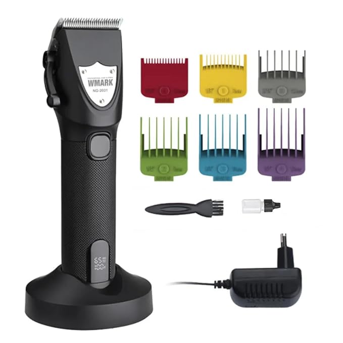 WMARK NG-2031 Professional Zero Gapped Hair Trimmer Digital Display Self Sharpening Blade 6500 RPM Magnetic Motor Charging Adapter & Charging Pod 6 Guide Comb Taper Lever Adjustment 240 Min, Black
