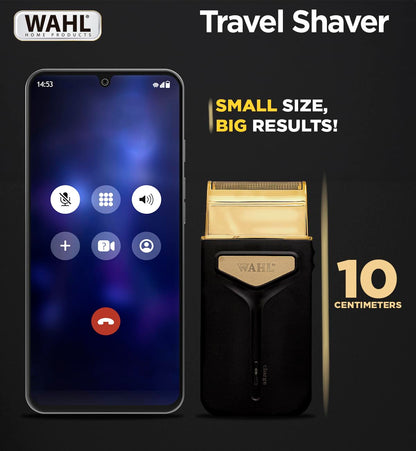 Wahl Travel Shaver USB, 0.4 mm cutting length, 45 minutes run time, Perfect travel companion with USB charging facility, Extra Cutting blade and foil to move along the contours, Black & Gold - 3025441IN