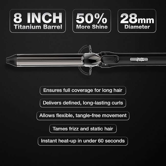 IKONIC CURLING TONG- 28MM (BLACK) Hair Curler with 8 inch Titanium Barrel, Heat Ready Indicator, Comfortable Rubber Grip, Safety Stand and Salon Length Swivel Cord for quick Salon like finish