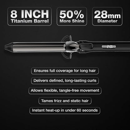 IKONIC CURLING TONG- 28MM (BLACK) Hair Curler with 8 inch Titanium Barrel, Heat Ready Indicator, Comfortable Rubber Grip, Safety Stand and Salon Length Swivel Cord for quick Salon like finish