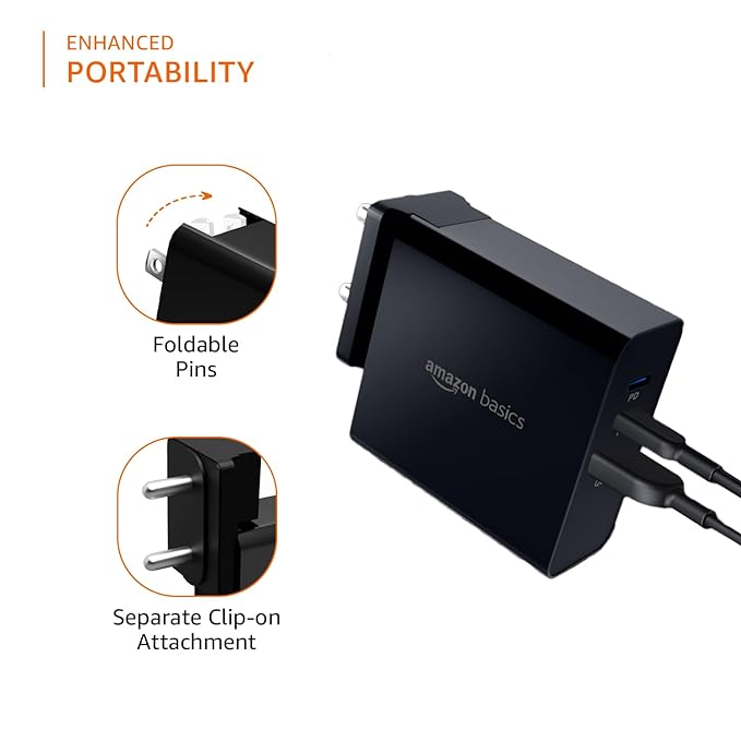 Amazon Basics 65W Triple Port GaN Charger | PD 3.0, QC3.0, QC4.0/PPS Fast Charging Ports | Compact Adapter with Foldable Pins | Compatible with All Flagship Apple/Android Phones and laptops (Black)