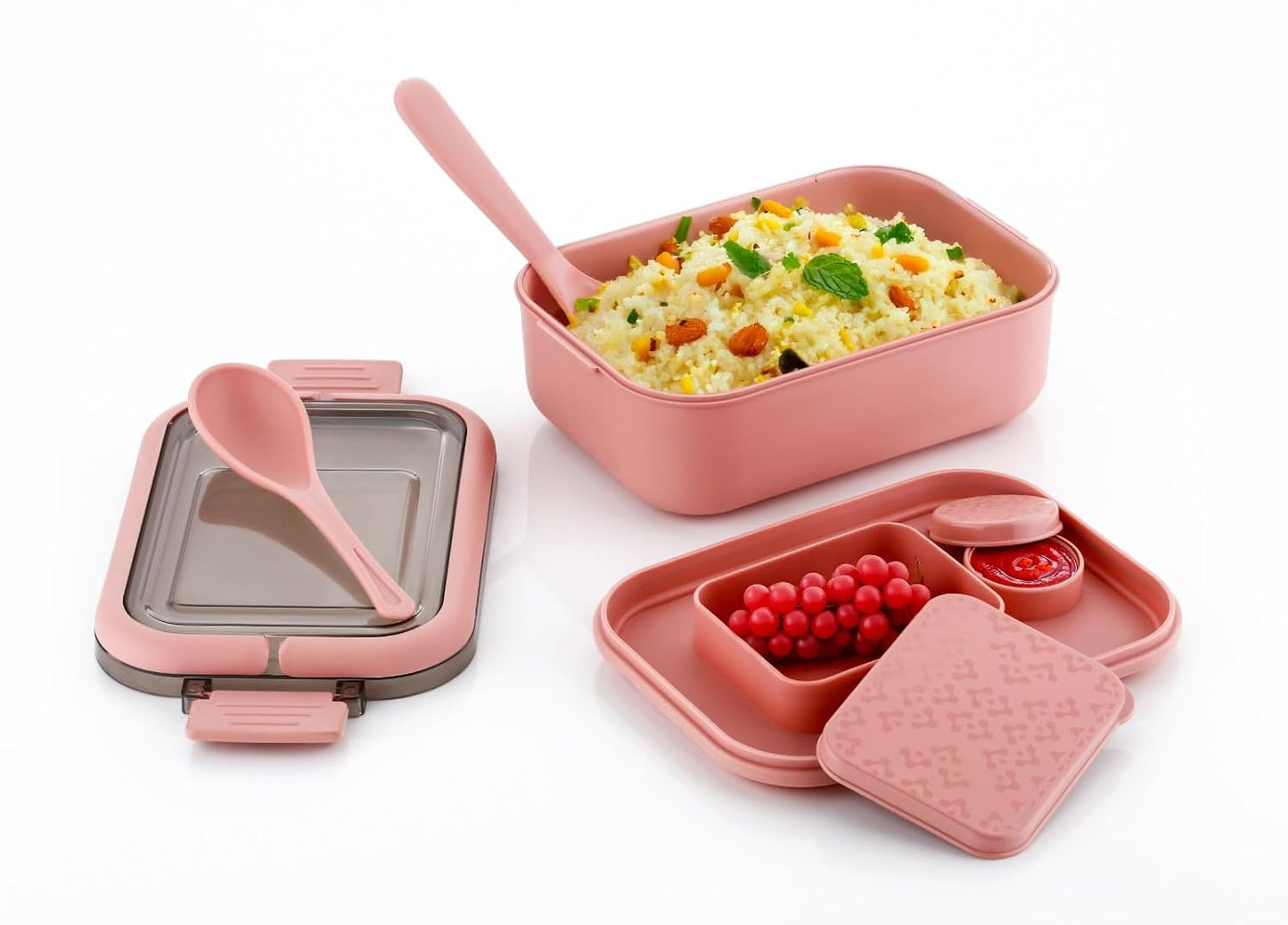 Clazkit Plastic Salad Lunch Box Container with Cutlery and Sauce Container with 5 Compartment Bento Style Tray Leak Proof Lunch Box for Food Snack Salad Home Office 1400Ml-Piegon, Multicolor
