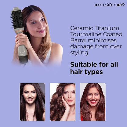 Ikonic Me 3-In-1 Express Styler Hot Air Brush For Women, 1200W Hair Dryer Brush With 1.5-Inch Ceramic Titanium Tourmaline Barrel, Blow Dryer, Hair Straightener, Volumizer Brush, Fast Drying, Frizz-Free Styling, Grey