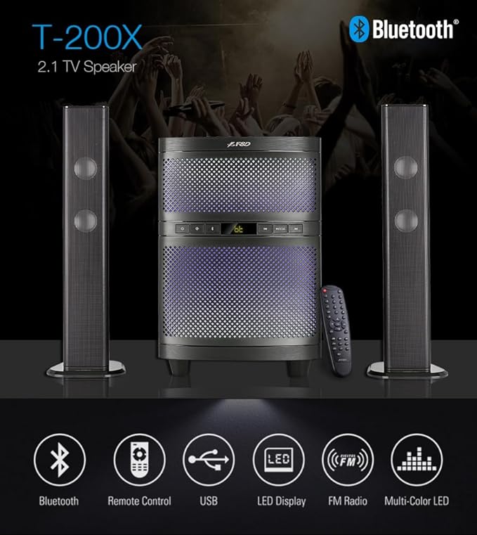 F&D T200X 140 W 2.1 Channel Soundbar Cum Tower Speaker Wireless Bluetooth Multimedia TV Speaker with Multicolor LED Display, Remote, Digital FM & USB