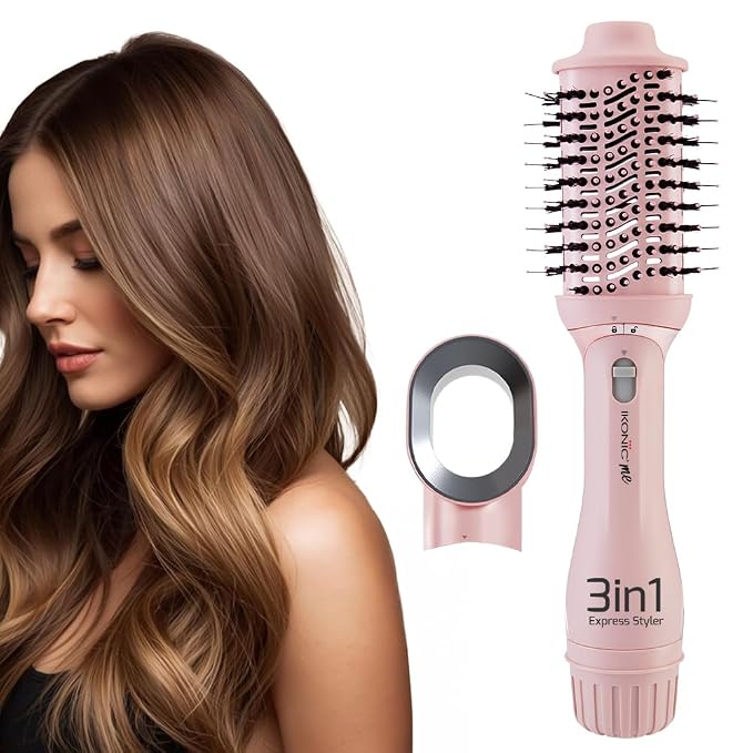 Ikonic Me 3-In-1 Express Styler Hot Air Brush For Women, 1200W Hair Dryer Brush With 1.5-Inch Ceramic Titanium Tourmaline Barrel, Blow Dryer, Hair Straightener, Volumizer Brush, Fast Drying, Frizz-Free Styling, Pink