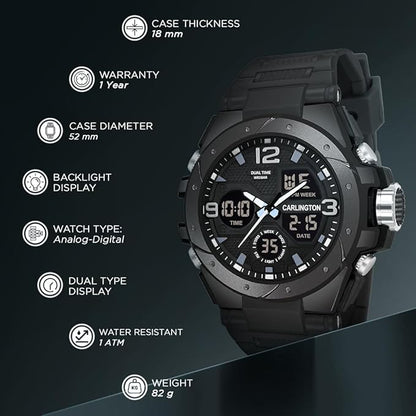 Carlington Endurance Series Analog-Digital Sports Watches for Men and Boys with Alarm, Stopwatch, Backlit Display, Dualtime, Silicone Rubber Strap, Water & Shock Resiatant - CT_9105