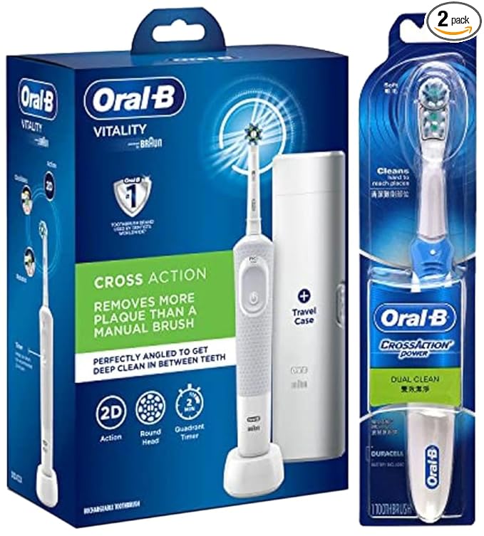 Oral-B Vitality Criss Cross Electric Rechargeable Toothbrush With Travel Case,With Replaceable Brush Head Included(White Colour)&Cross Action Battery Powered Electric Toothbrush-Adult,1 Count