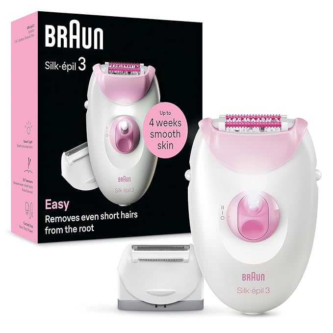 Braun Silk-épil 3-031 Epilator for Women, Long-Lasting Hair Removal, 20 Tweezer System, Smartlight Technology, Gentle on Skin, Shaver & Trimmer Included, White & Pink