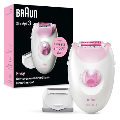 Braun Silk-épil 3-031 Epilator for Women, Long-Lasting Hair Removal, 20 Tweezer System, Smartlight Technology, Gentle on Skin, Shaver & Trimmer Included, White & Pink
