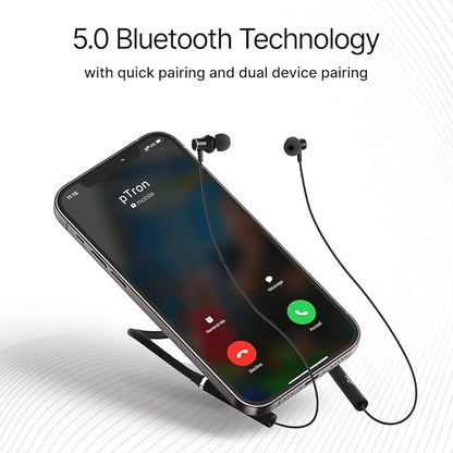 pTron Tangentbeat in Ear Bluetooth 5.0 Wireless Headphones with Mic, Deep Bass, 10mm Drivers, Clear Calls, Dual Pairing, Fast Charging, Magnetic Buds, Voice Assistant & IPX4 Wireless Neckband ( Black )