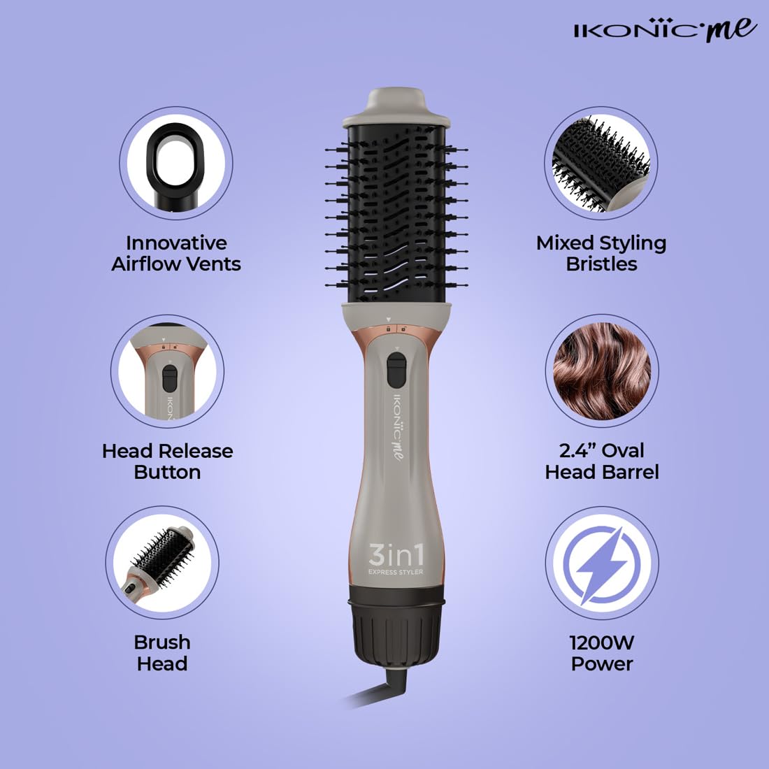 Ikonic Me 3-In-1 Express Styler Hot Air Brush For Women, 1200W Hair Dryer Brush With 1.5-Inch Ceramic Titanium Tourmaline Barrel, Blow Dryer, Hair Straightener, Volumizer Brush, Fast Drying, Frizz-Free Styling, Grey