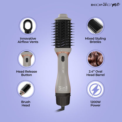 Ikonic Me 3-In-1 Express Styler Hot Air Brush For Women, 1200W Hair Dryer Brush With 1.5-Inch Ceramic Titanium Tourmaline Barrel, Blow Dryer, Hair Straightener, Volumizer Brush, Fast Drying, Frizz-Free Styling, Grey