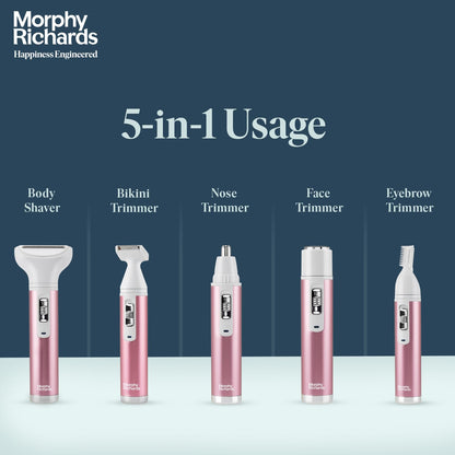 Morphy Richards iDazzle 5-in-1 Grooming Kit | Face & Body Hair Trimmer for Women | Rechargeable | Hair Removal Machine for Women | Pink