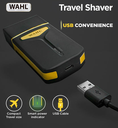 Wahl Travel Shaver USB, 0.4 mm cutting length, 45 minutes run time, Perfect travel companion with USB charging facility, Extra Cutting blade and foil to move along the contours, Black & Gold - 3025441IN