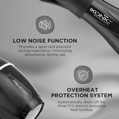 IKONIC Pro 2100+ Hair Dryer 2000 Watts, Black, 3 Heat And 2 Speed Settings, Cool Shot, Low Noise Function Interchangeable Nozzles, Professional Styling, For Women And Men, All Hair Type