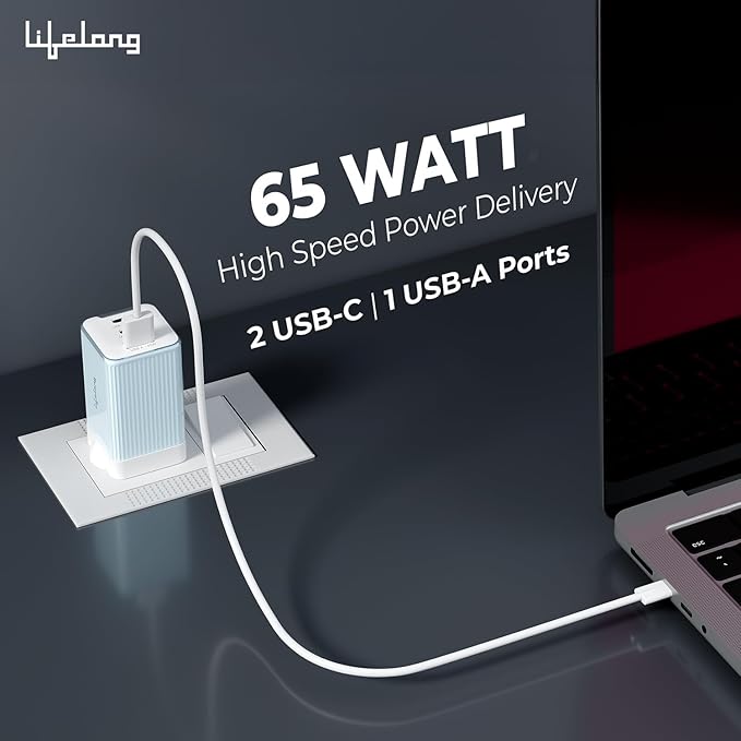 Lifelong Electronics 65W Super Fast GaN Charger PD Technology | 1 USB A + 2 Type C Ports | iPhone 17/16/15/14 (Including Pro Max), Android, Samsung | Laptops - MacBook, Dell, HP, Lenovo, Acer, ASUS