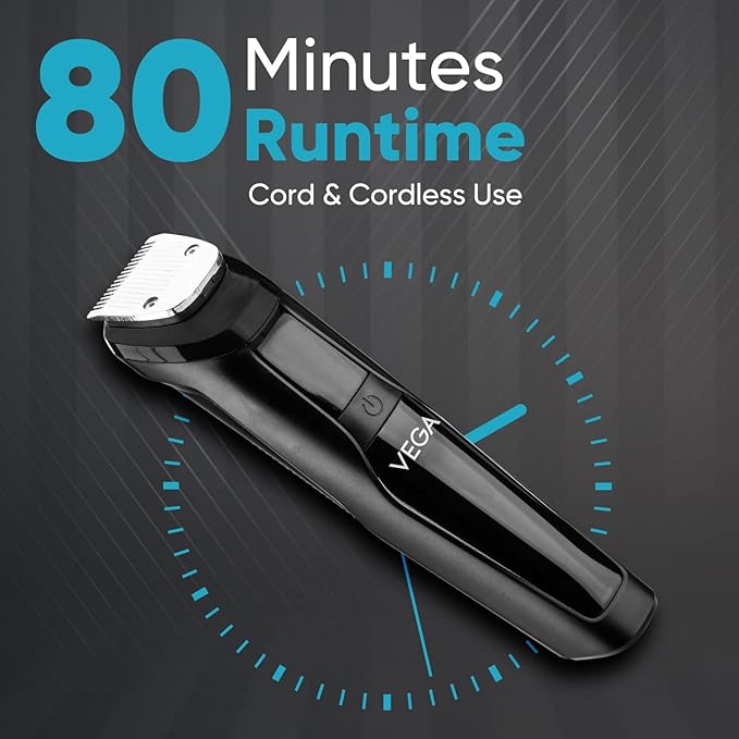 Vega Men 9-in-1 Multi-Grooming Set for Men, All In One Professional Styling Trimmer with Beard/Hair, Nose Trimmer & Body Groomer and Shaver, 4 Comb Attachment, 80 Mins Runtime (VHTH-21)