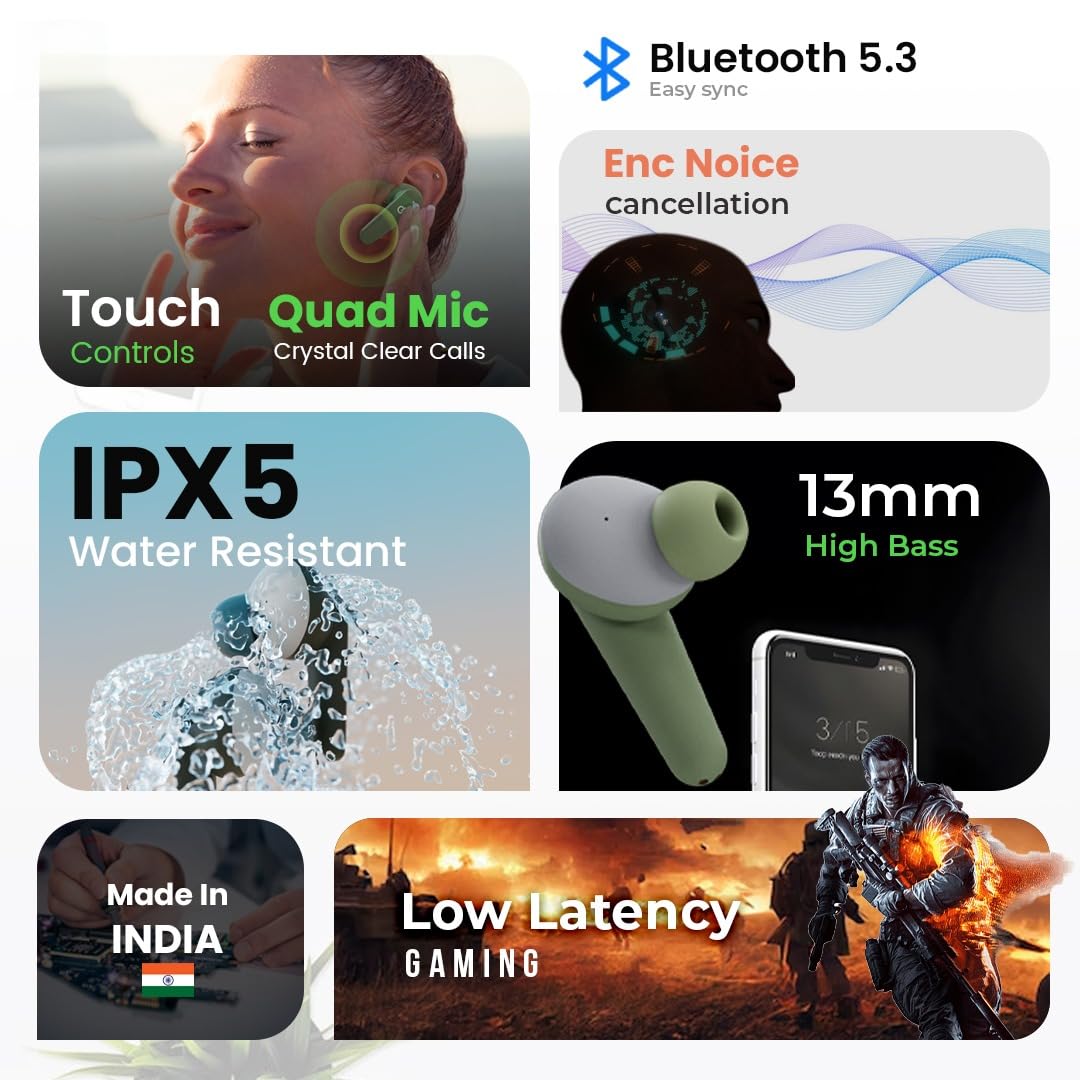 ONYZE ON901-ARMOR Gaming Earbuds, in Ear TWS,50HPlaytime,13mm Driver,Made in India,QuadMic-ENC,IPX5, Touch Control, Fast Pair,BT5.3
