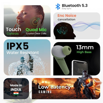 ONYZE ON901-ARMOR Gaming Earbuds, in Ear TWS,50HPlaytime,13mm Driver,Made in India,QuadMic-ENC,IPX5, Touch Control, Fast Pair,BT5.3