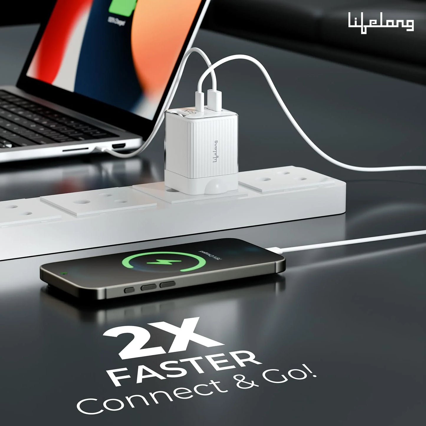 Lifelong 45 W GaN 3 A Dual Port Mobile Charger (Glacier White)