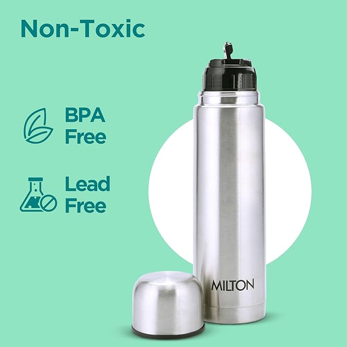 Milton Flip Lid 1000 Thermosteel Water Bottle 1 LTR, 24 Hr Hot and Cold I Leak Proof Lid, ISI Certified I Vacuum Insulated I for Office, Gym, School I Silver