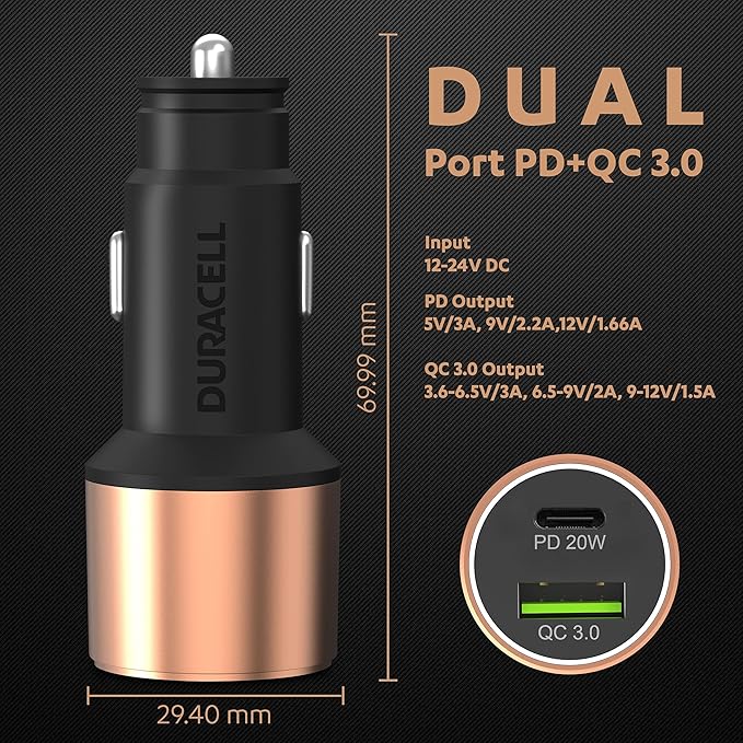 Duracell 38W Fast Car Charger Adapter with Dual Output. Quick Charge, Type C PD 20W & Qualcomm Certified 3.0 Compatible for iPhone, All Smartphones, Tablets & More (Copper & Black)