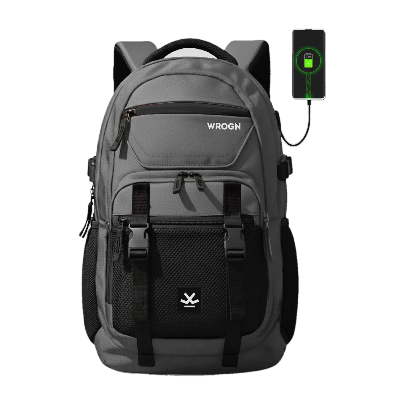 WROGN Large 42 L Laptop Backpack Unisex Ashper 2.0 with USB Port, Rain Cover and Reflective Strip (Grey, Black)